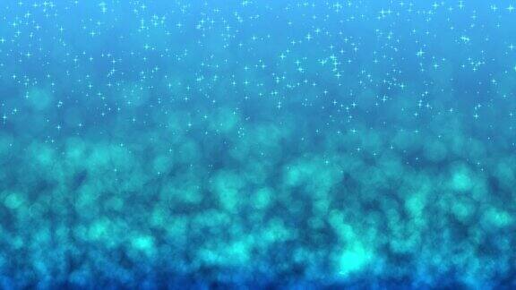 蓝色的粒子和闪亮的星星漂浮在蓝色的背景上
