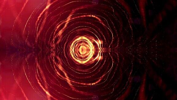 粒子形成线表面网格或神秘的虚拟空间3d无缝动画作为数字科幻小说背景发光粒子与景深散景红金色圆形结构