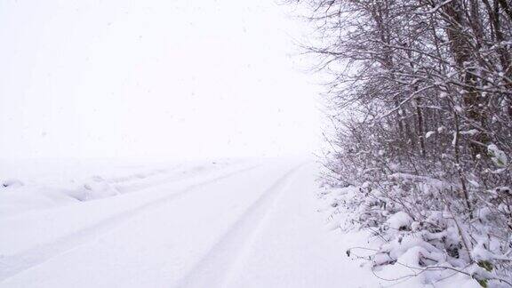 缓慢莫雪覆盖的道路沿森林