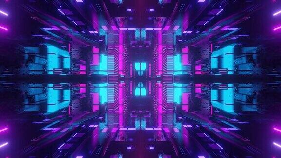 通过对称的技术空间与霓虹灯发光穿越高科技隧道的科幻飞行霓虹灯3d循环4kbg科幻建筑神秘的3d物体