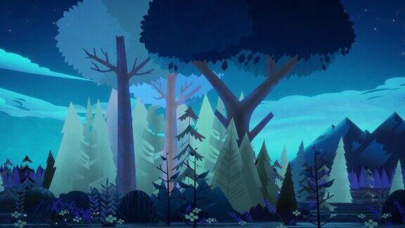 夜景深蓝色的针叶林附近的悬崖与星空和云