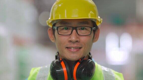 亚裔华裔男性仓库工人穿着防护服微笑着看着镜头
