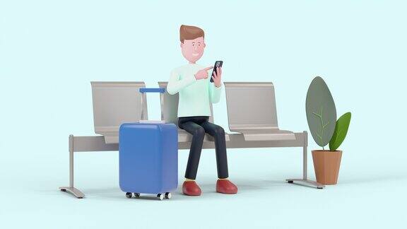 3d卡通动画男子在机场用智能手机等待航班带着行李准备旅行