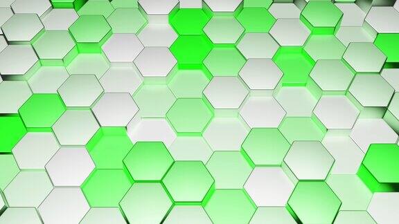 背景的绿色和白色抽象金属六边形上下移动在不同的方向3d渲染移动网格的六边形与光和阴影几何曲面环