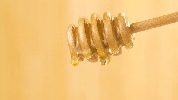 有机液体蜂蜜滴从蜂蜜勺在一个轻的背景健康食品金色的蜂蜜滴倒和流动从木制勺子