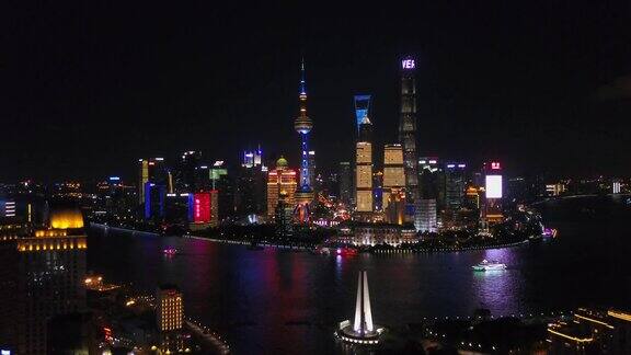 中国上海交通河夜光浦东湾市区航拍全景4k