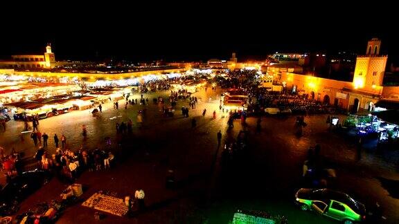 DjemmaelFna在马拉喀什的夜晚摩洛哥Timelapse视频