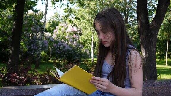 可爱的少女坐在公园的长椅上看书在户外学习静态摄像机高清视频素材拍摄