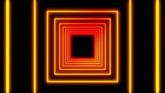 4k未来主义隧道橙色霓虹灯方形背景与发光的线条