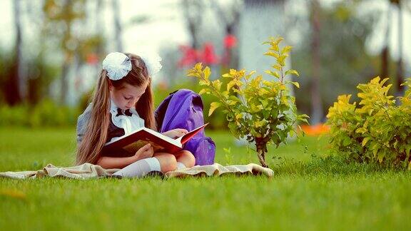 女孩在公园的草坪上读着一本迷人的书
