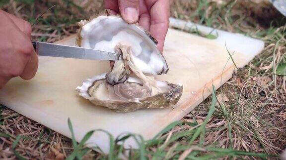 推销员用塑料烹饪板上的牡蛎刀打开生蚝壳人从壳上切下牡蛎身体准备食用生的昂贵的海鲜地中海食物和