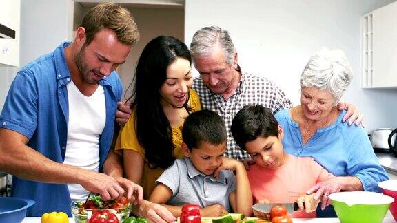 可爱的家庭在厨房切蔬菜