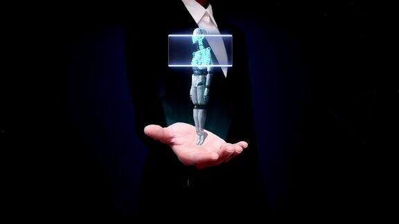 女商人摊开手掌扫描旋转3D机器人身体人体骨骼