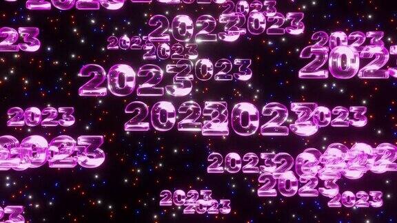 紫色霓虹拜年2023文字落下空间与闪烁的星星循环3d渲染概念庆祝2023年新年背景符号下降
