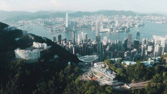 香港城市全景俯视无人机拍摄的摩天大楼画面
