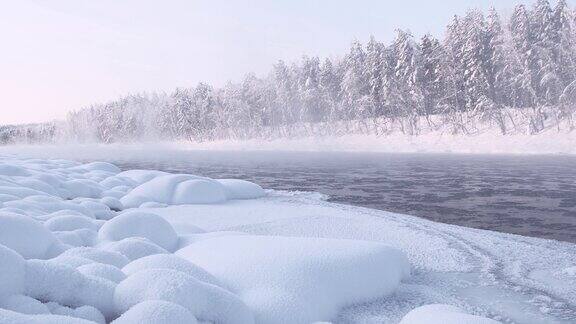 河上有漂浮的冰块岸边的雪堆和结霜的树木