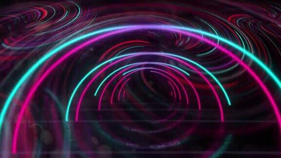 动画粉红色和蓝色的霓虹灯拱门和旋转移动在黑色背景