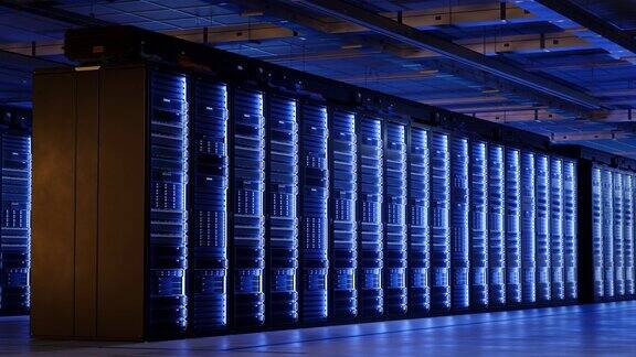 超级计算机与先进云计算概念内部的大型工作数据中心充满服务器机架与硬盘驱动器服务器机架机柜由蓝色Led灯点亮