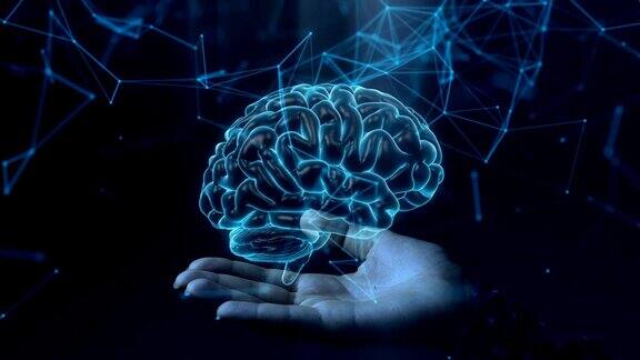 蓝色全息图显示人类大脑结构在女人手中旋转