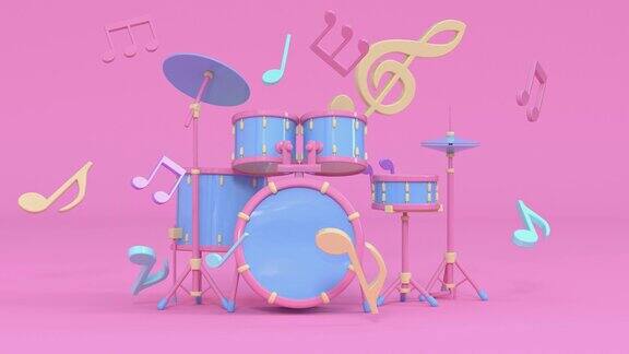 鼓粉蓝色彩色场景音乐乐器卡通风格3d渲染