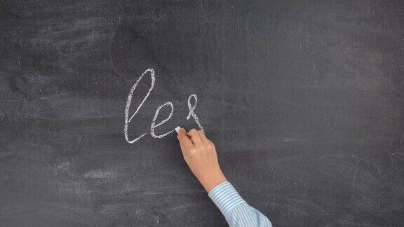 女老师的手在黑色的黑板上写下“LESSON”这个词