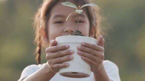 亚洲小女孩拿着花盆与新的幼苗展示给相机