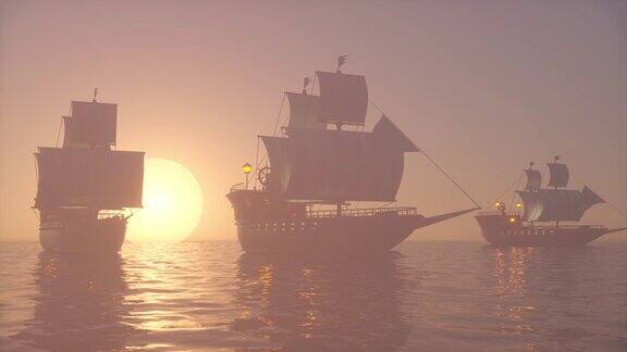 旧的木制军舰舰队的3D动画在一个雾蒙蒙的海洋在日落