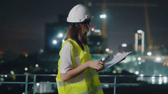 女建筑师拿着计划在夜班时检查建筑进度