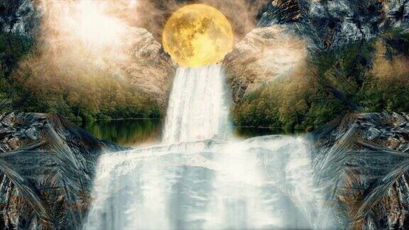 在月亮的背景下夜晚美丽的瀑布