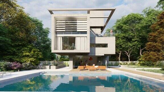 立方现代住宅与花园和一个休息区的游泳池