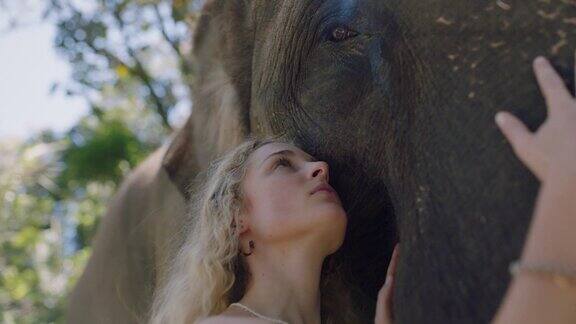 大自然女人抚摸大象爱抚动物伴侣享受友谊4k