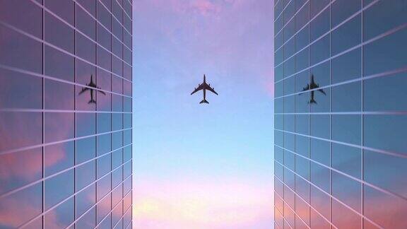 飞机飞过玻璃大厦
