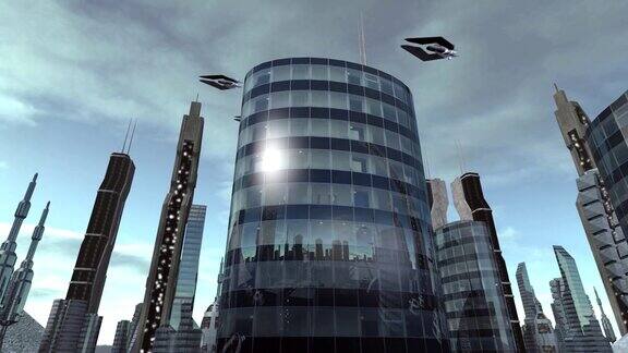 建筑在未来的城市有飞船经过