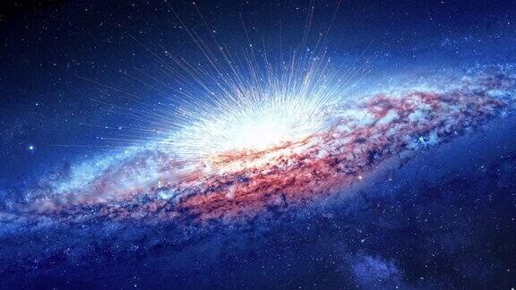 飞入外星星系外太空带有发光恒星的磁性空间风暴