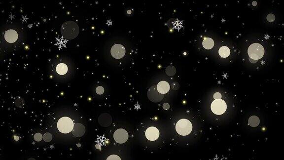 白色的雪花金色的五彩纸屑和散景灯映衬在黑色的圣诞背景上3D渲染图像与alpha通道