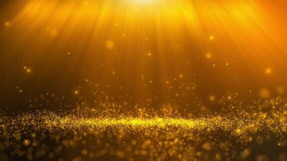 闪闪发光的黄色黄金颗粒舞台和光线照耀抽象背景带有散景效果的闪烁粒子