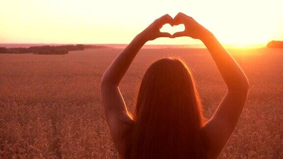 日落时分麦田上的女孩在做心形的象征