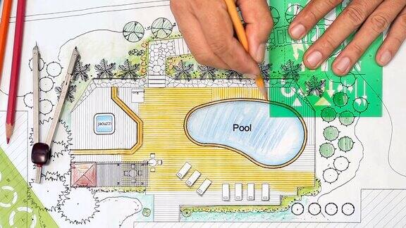 景观设计师为豪华别墅设计后院计划与游泳池