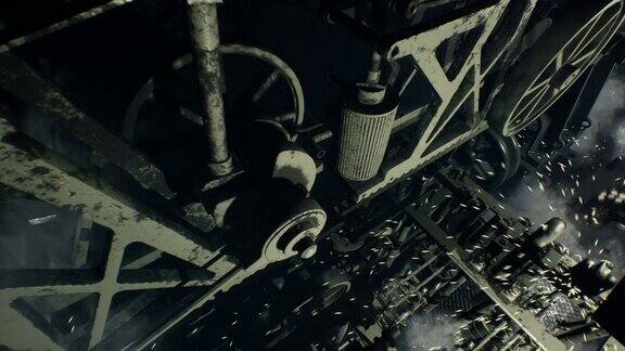 一家老工厂里的老式蒸汽朋克机械发动机运转着冒着火花和烟雾旧工作机制这部动画非常适合蒸汽朋克、幻想和技术背景
