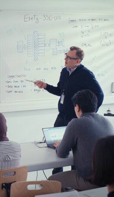 男老师在大学课堂上向学生讲解工程学他使用白板多样化的年轻工程师小组聆听关于程序开发的讲座教育俯视图