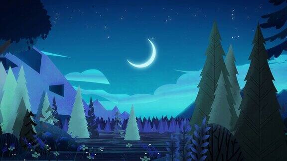 美丽迷人的深蓝色针叶林夜空中有星星和明亮的新月在岩石之间