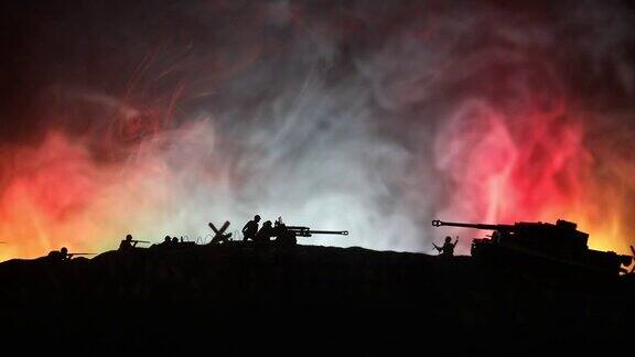 战争军事剪影战斗场景的战争雾天空背景攻击的场景装甲车辆和步兵创造性的成分