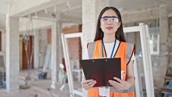 年轻的中国女建筑工人微笑着自信地在工地阅读文件