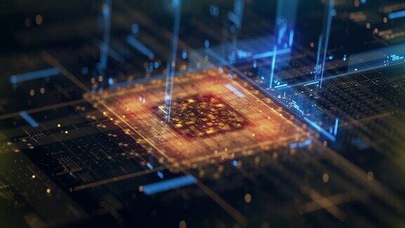 技术背景CPU电路3D可视化AI处理器电源彩色橙和蓝色数字化过程数据传输未来板芯