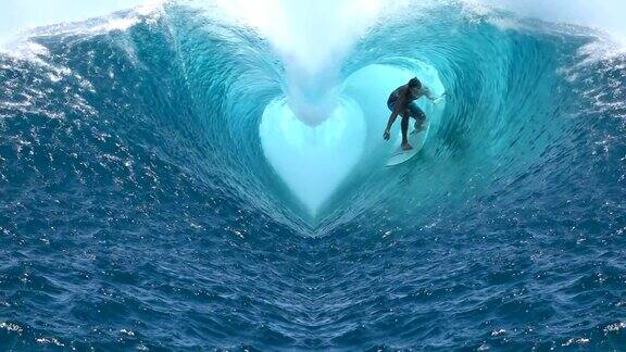 慢动作:极限冲浪者冲浪破管状波浪形状的心爱