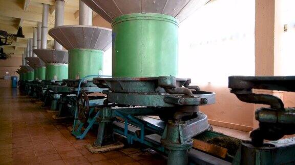 在茶厂用老式研磨机研磨茶叶
