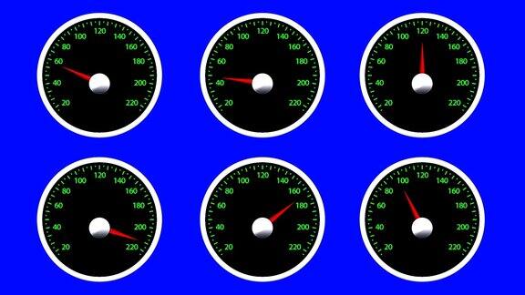 在绿色屏幕背景上的汽车速度表