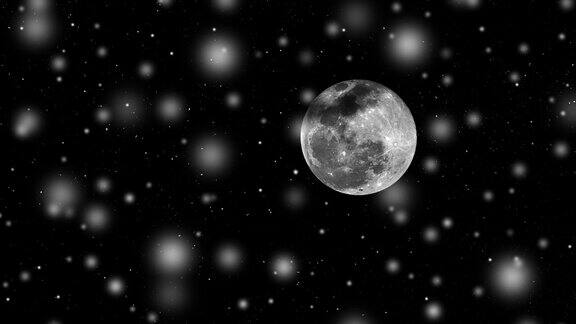 满月的特写镜头在明亮的仙女灯中移动在星空中4k延时视频60fps