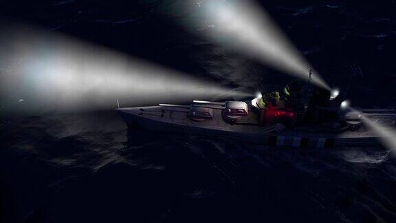 一艘战舰夜晚在开阔海洋中探照灯亮着的3d动画