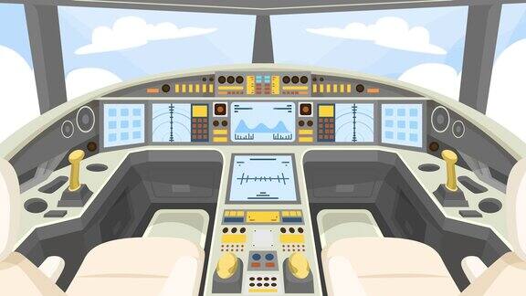 动画客机座舱飞机座舱内部场景飞行员室卡通飞机座舱内部场景空座舱探索天空飞机动画卡通2d维4k动画视频飞行的飞机